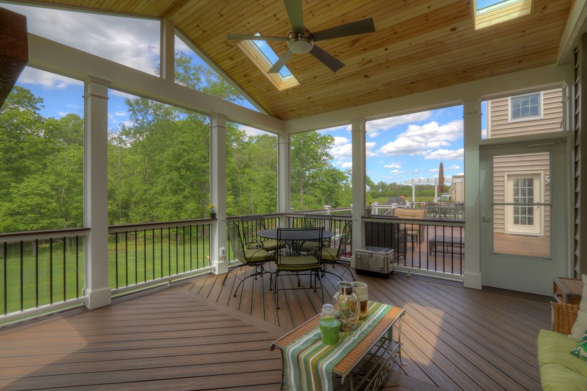 Screened-In Porch Interior in Backyard of Home With Built-In Skylights