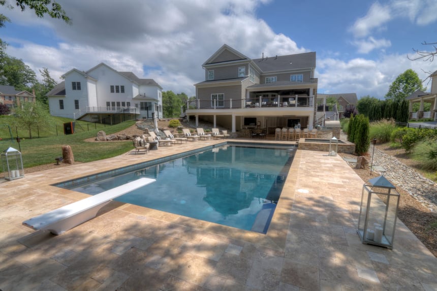 High-end rectangular gunite pool in Northern VA with hot tub and diving board