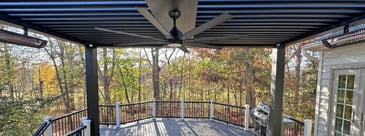 Louvred Struxure pergola with ceiling fan and Bromic heaters above deck in Northern VA