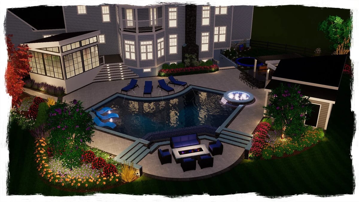 Outdoor backyard oasis render with inground pool in Northern Virginia