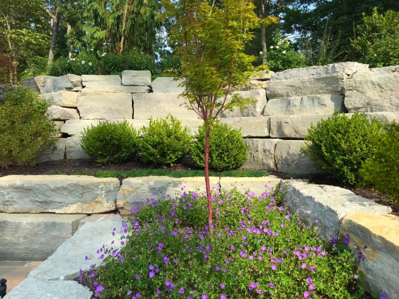 Landscape design in Northern Virginia backyard with boulder design by Deckscapes of VA