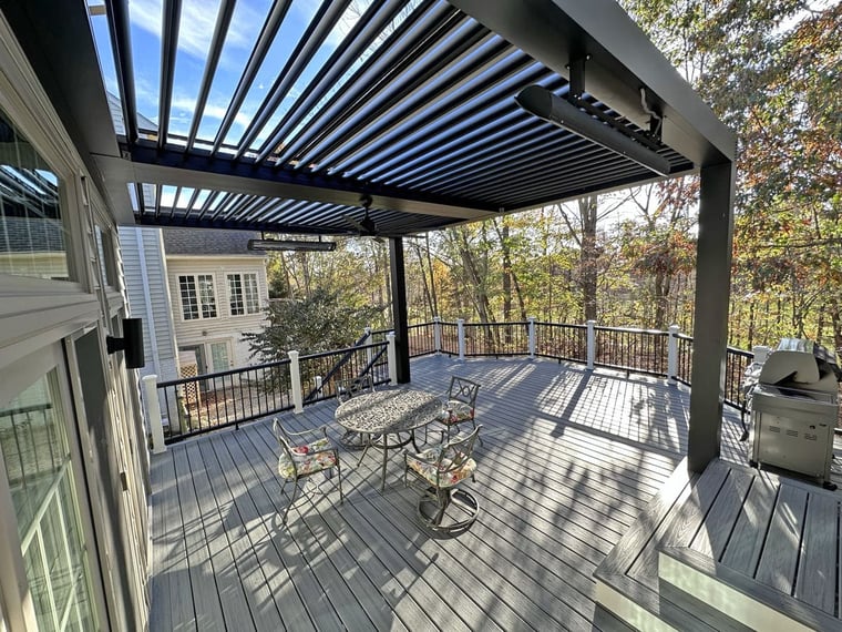 Struxure pergola with Bromic heaters above deck by Deckscapes of Virginia