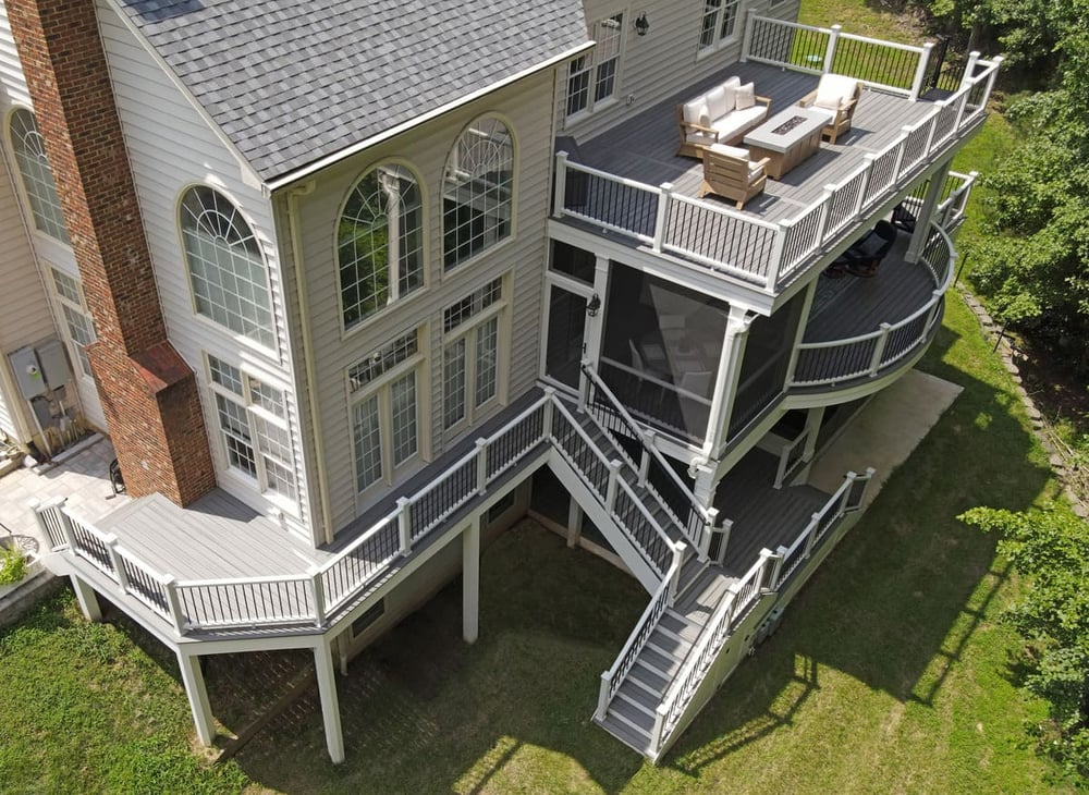 Triple level deck in Northern VA with Versatex PVC and beadboard ceiling by Deckscapes of Virginia