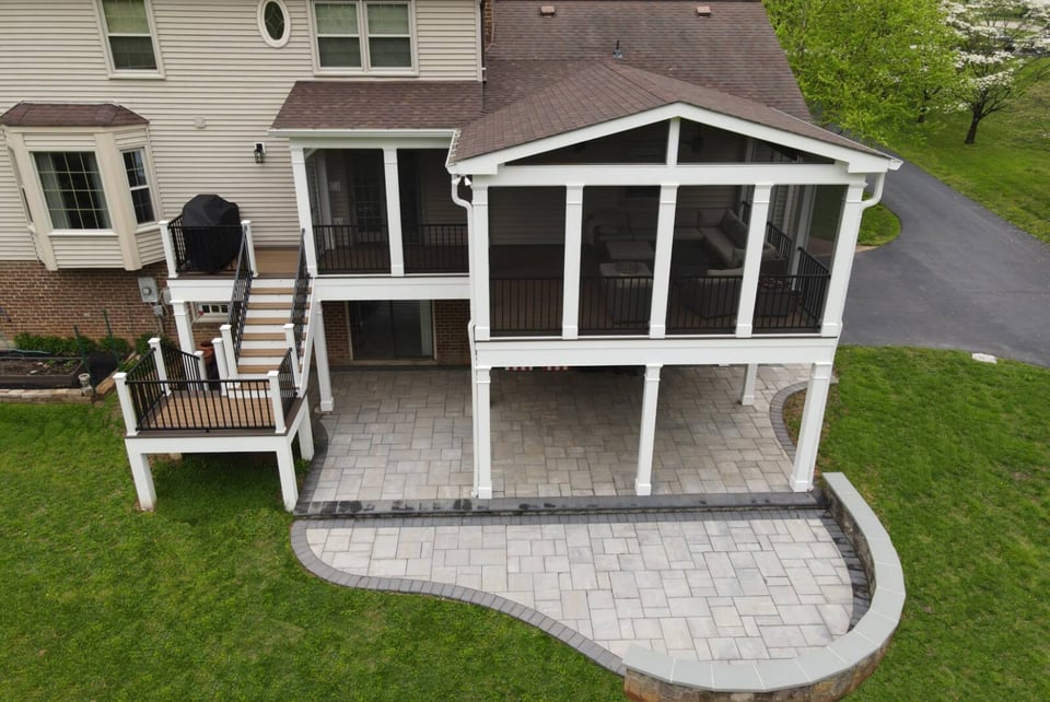 Virginia screened in porch exterior with white beams
