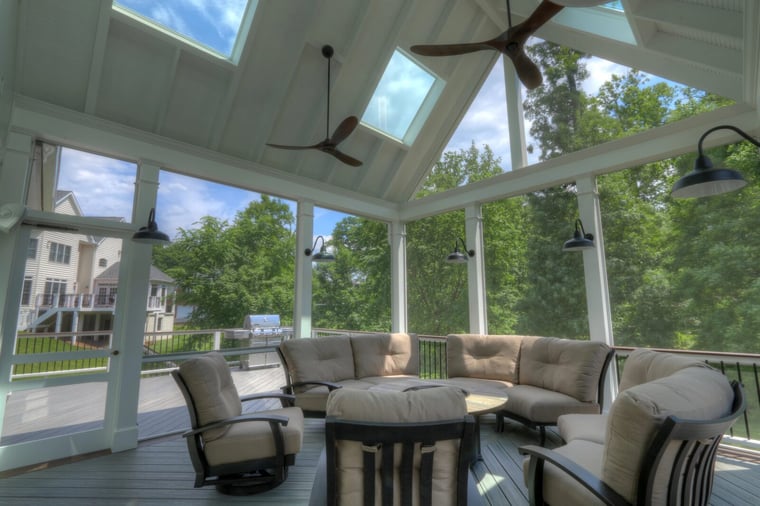 closed in porch with circular seating funiture and ceiling fans in northern virginia