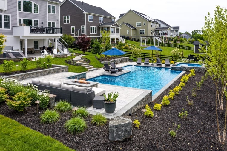 Landscaping around high-end pool area in Northern Virginia