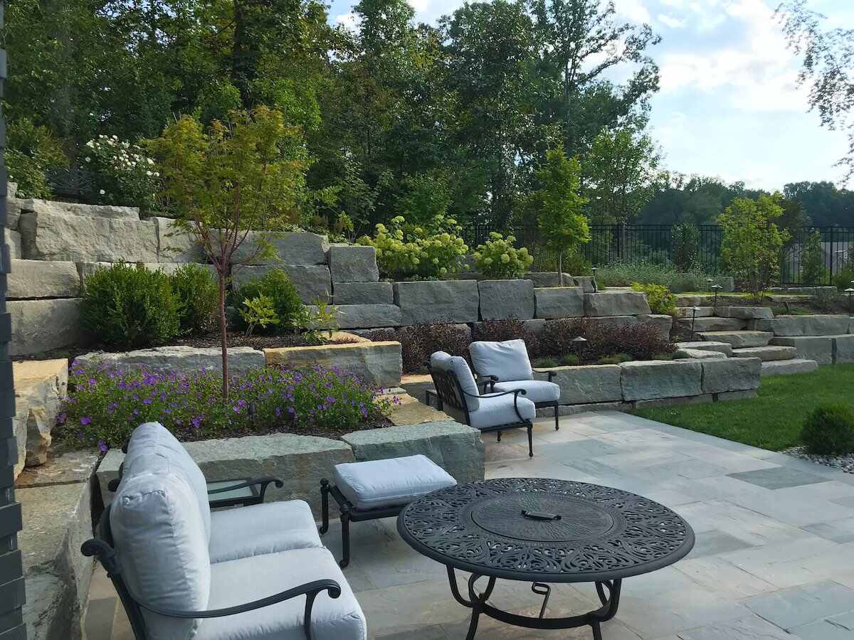 Outdoor planting and retaining wall with patio