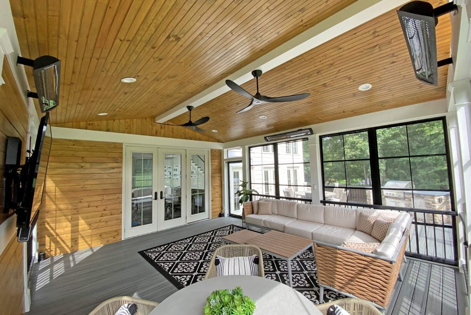 screened porch with furniture ceiling fans floating tv and heaters