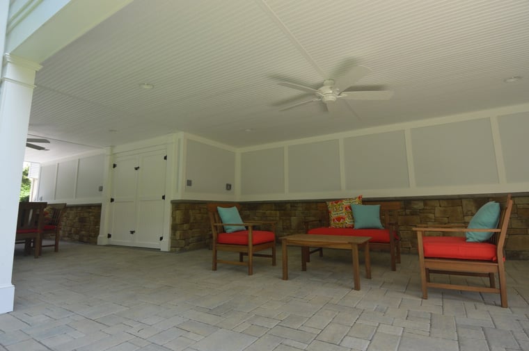 white under deck rain system with outdoor patio furniture
